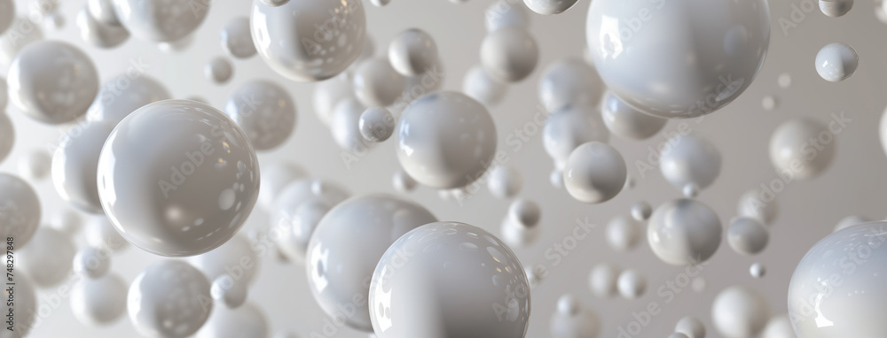 Levitating Pearlescence. Ethereal cluster of white spheres suspended mid-air, creating a dreamy, abstract scene.