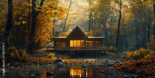 a cabin surrounded by the woods