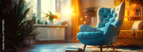 a blue chair sitting by a book