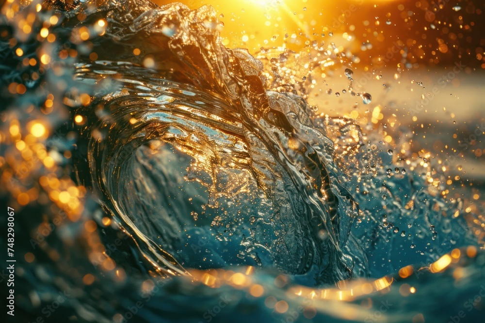 a close up of an ocean wave with the sun shining above it - obrazy, fototapety, plakaty 