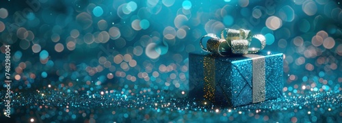 a blue box sitting on top of a glittery background