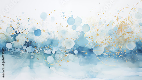 Abstract airy background with blue splashes, paint strokes, gold splashes of watercolor.