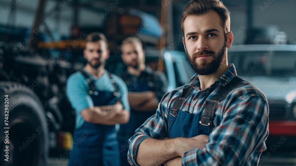 Team of diesel engine mechanics next to an big machinery Team of diesel engine mechanics next to an big machinery