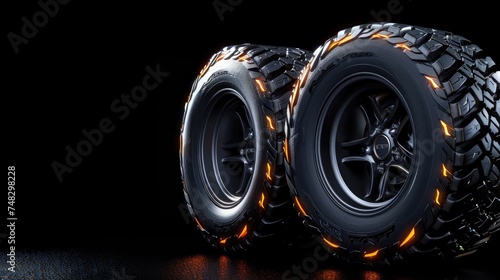 A pair of high-performance off-road tires are lit with a fiery glow against a dark background, emphasizing their rugged design photo