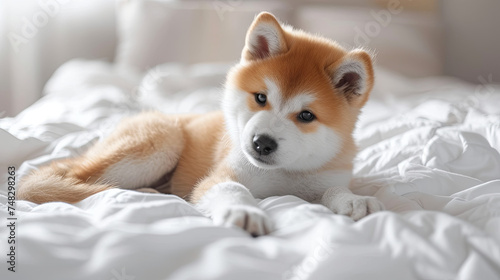 Akita dog in the white bed in the modern apartment, pet love 