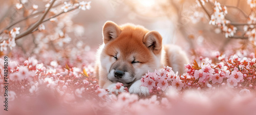 sleeping Akita dog on the sakura blossom background, spring time photo