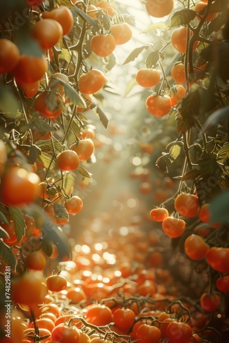 A farm bathed in sunlight, with tomato plants thriving and growing