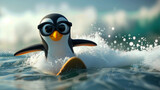Cartoon character cute happy serfing penguin, concept of travel and relax