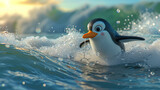 Cartoon character cute happy serfing penguin, concept of travel and relax
