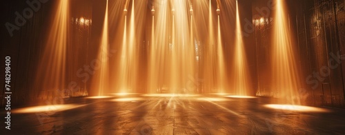a golden stage light backdrop with spotlights and rays of light