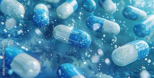 a bunch of blue and white pills laying on a blue background