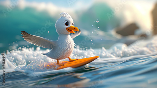 Cartoon character serfing seagull, concept of travel and relax