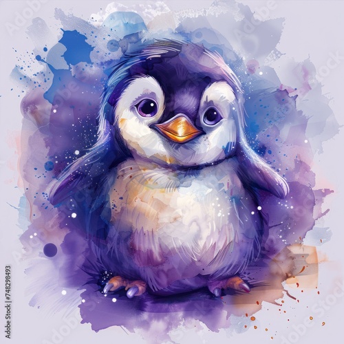 a cute penguin with watercolor outlines around him