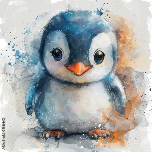 a cute penguin with watercolor outlines around him