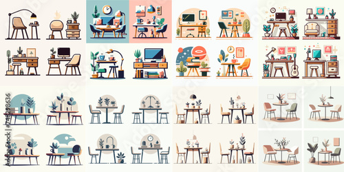 Vector set of tables and chairs with a simple and minimalist flat design style