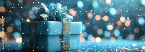 a gift box on the blue background with a blue ribbon on it
