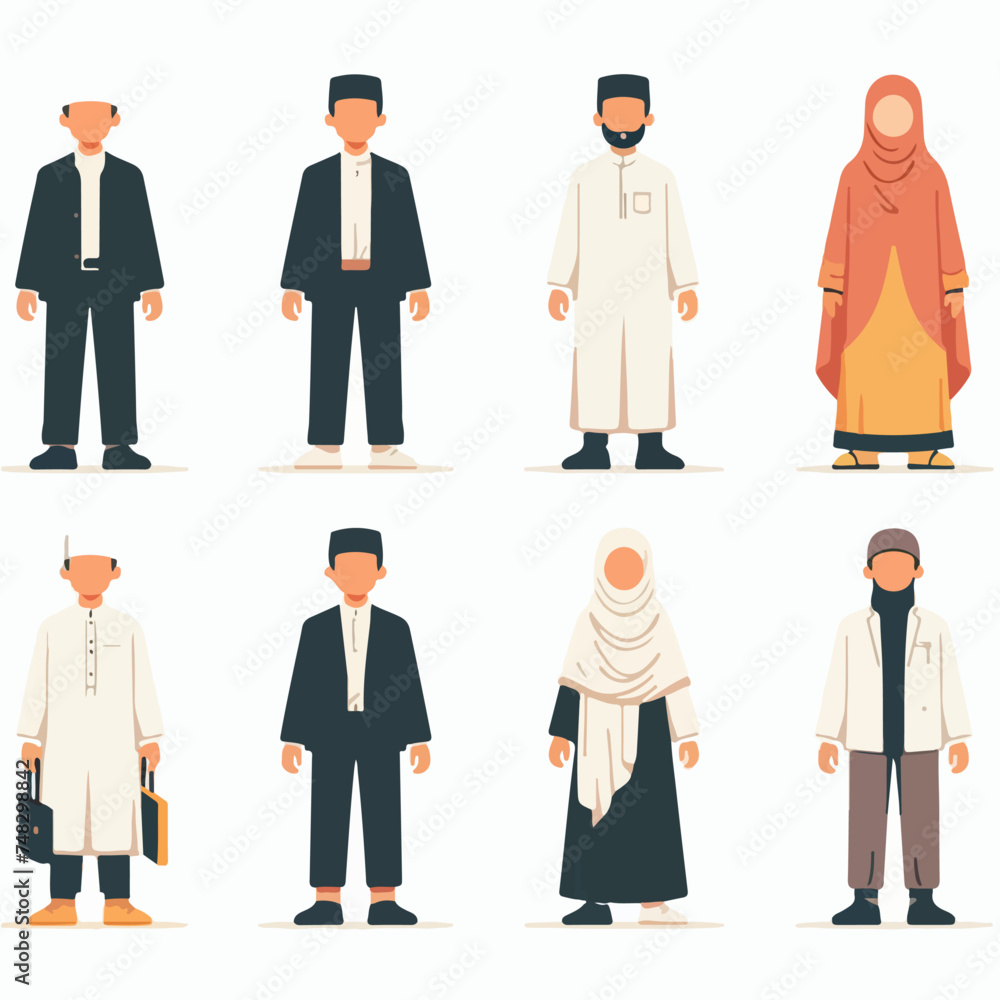 Vector set of Muslim people with a simple and minimalist flat design style