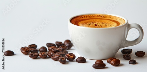 a cup of coffee sits next to coffee beans on a white background
