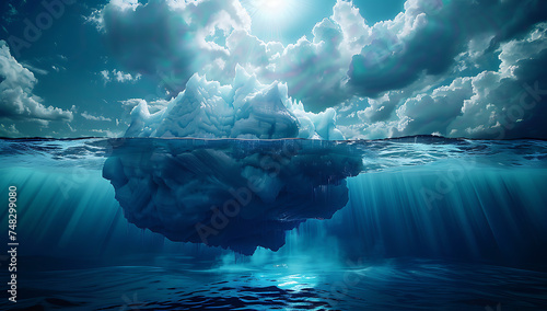 an iceberg floating in the water with sun light behin photo