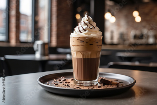 A close-up shot of a chocolate cold coffee placed elegantly on a rustic wooden table in a cozy coffee shop.