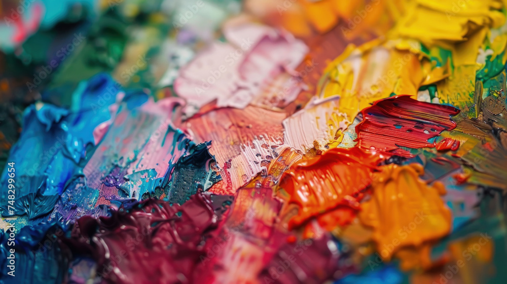 Fototapeta premium A vibrant painting filled with an array of bold colors and intricate details, captured in a close-up shot