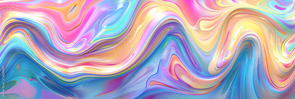 Vibrant and dynamic design mimicking liquid waves with a flowing blend of pink, blue, and yellow hues, captivating effect. The swirls and ripples