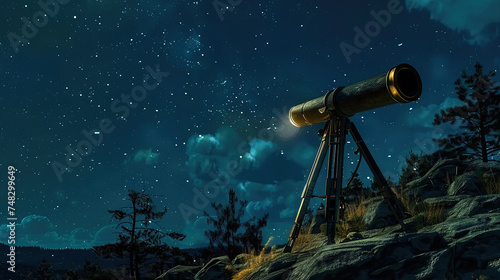 A telescope set up on a mountain peak, pointed towards the starry night sky