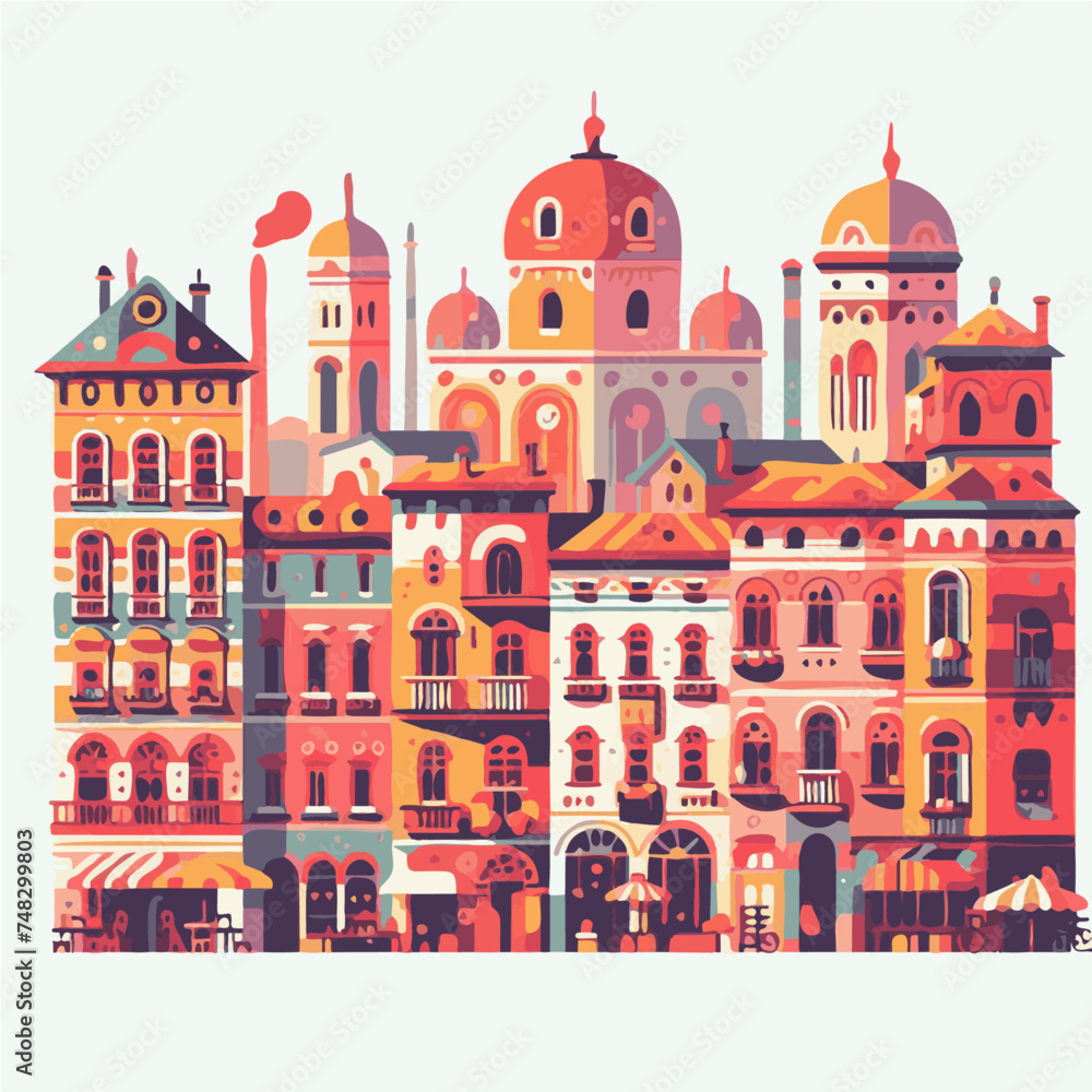 Cityscape with colorful buildings. Vector illustration in flat design style.