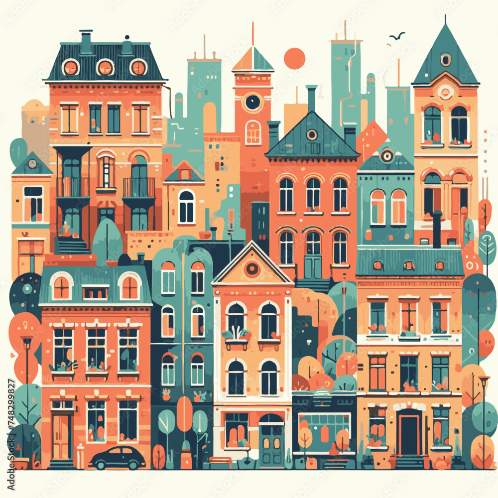 Colorful houses in the city. Vector illustration in flat style.