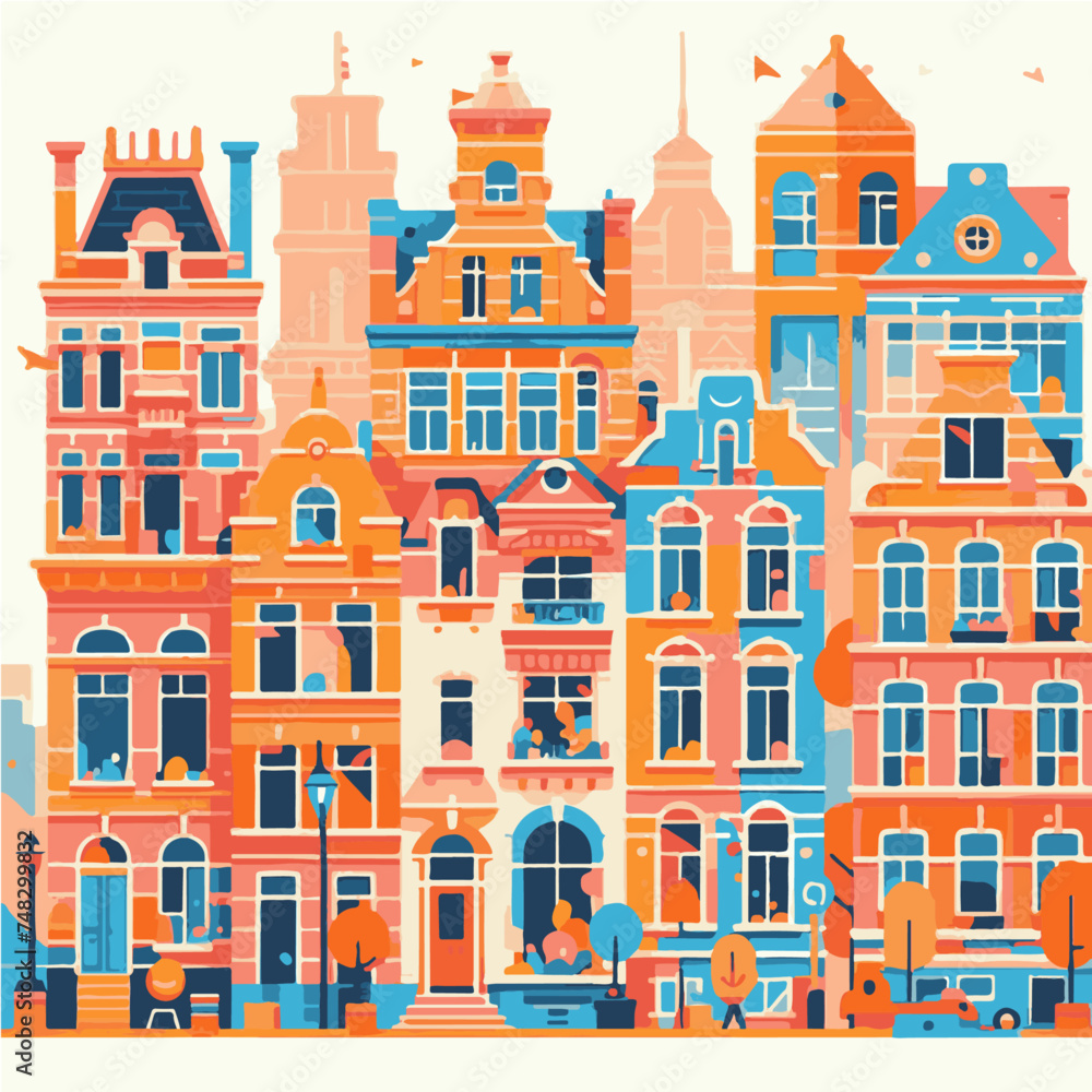 Amsterdam cityscape. Vector illustration in flat style. Cityscape with old houses.