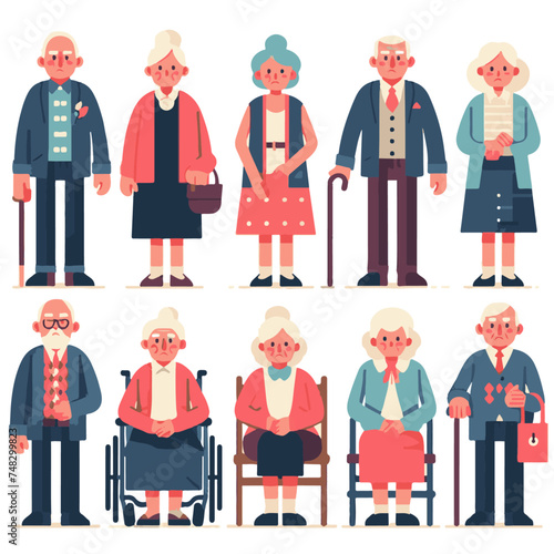 Elderly people. Set of elderly people in different situations. Flat vector illustration.