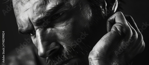 A black and white photograph capturing an intense close-up of a man engaged in a conversation on a cell phone. The man appears deep in thought as he communicates through the device.