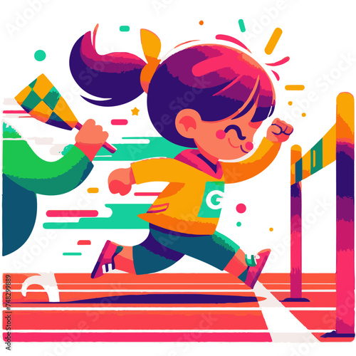Cute little girl running at the finish line. Vector illustration.