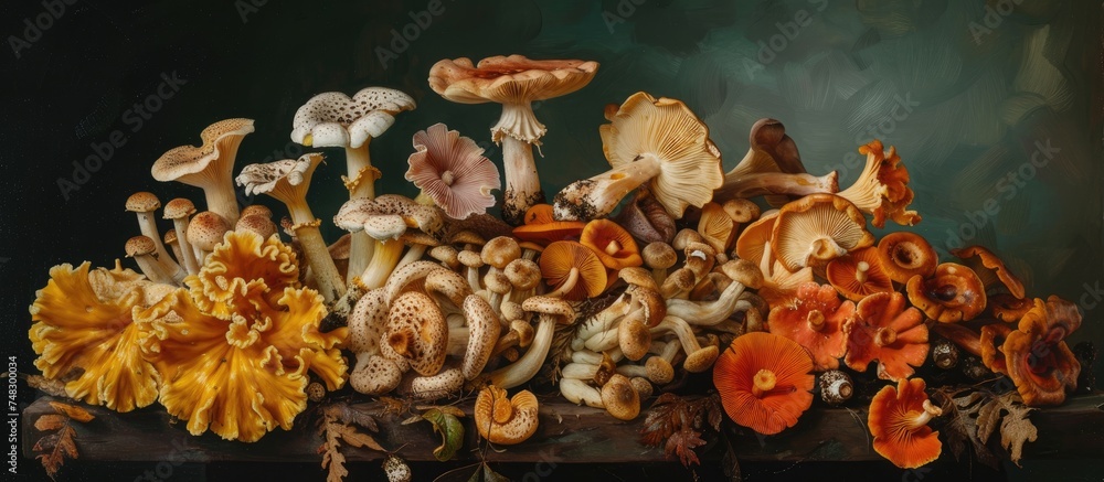 A cluster of Magnificent Macrolepiot mushrooms, known for their exceptional edibility, are neatly arranged on top of a wooden table. A cluster of Magnificent Macrolepiot mushrooms, known for their exceptional edibility, are neatly arranged on top of a wooden table.