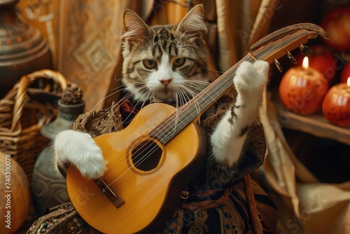 Cat Bard Plays his Lute, Cat Minstrel Song, Pet Troubadour Music, Medieval Cat Singer