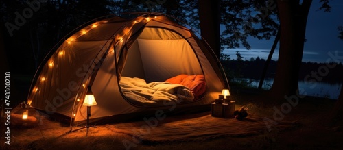 A tent is brightly lit up in the darkness, providing a cozy and glamorous camping experience under the night sky.