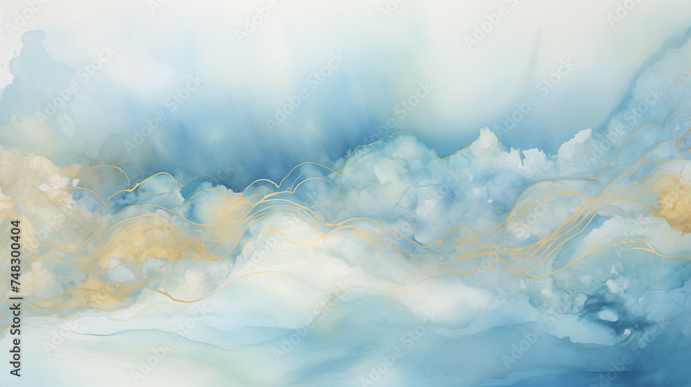 Sky cloud abstract blue watercolor with golden waves, smoke.