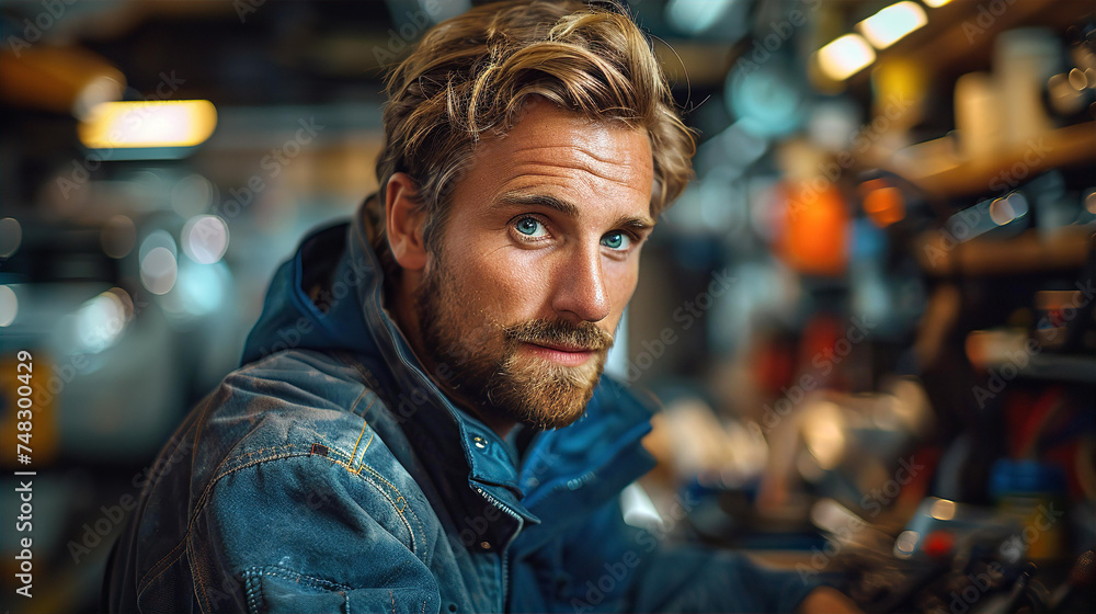 Mechanic works on diagnosing engine problem in garage. Local garage, repair, industrial business Mechanic works on diagnosing engine problem in garage. Local garage, repair, industrial business