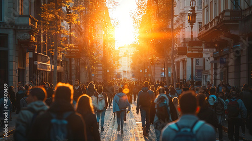 Crowd of people walking on wide city street with sunset at the background.  City life  social issues concept