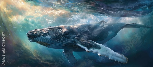 A powerful humpback whale gracefully swims in the ocean, showcasing its majestic presence and elegant movements as it navigates through the deep blue waters. © 2rogan