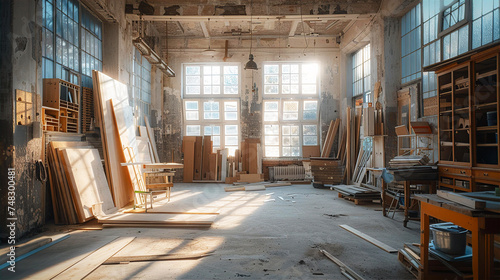 Interior of carpenter studio, working environment, local business concept 