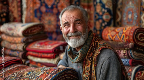 Iranian carpet shop owner portrait with lots of carpets in piles at the background, friendly smiling and inviting to come inside photo