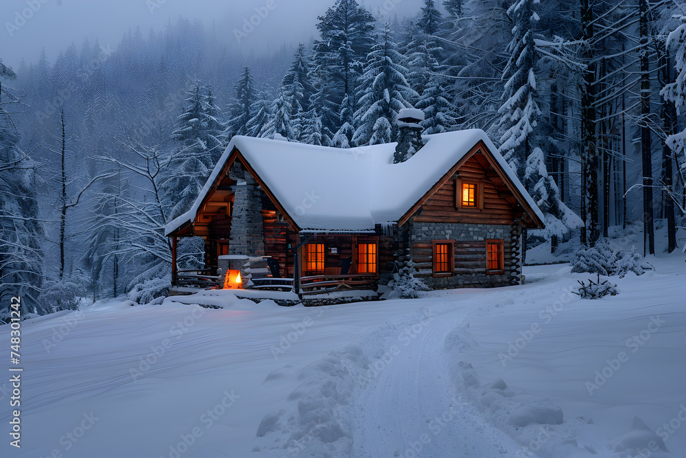 A cozy cabin with a warm fireplace in a snowy forest. A cozy cabin with a warm fireplace in a snowy forest.
