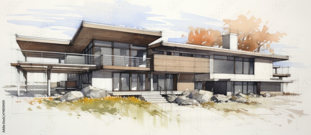 This drawing depicts a house with a significant number of windows, allowing for ample natural light to enter. The architectural design showcases a variety of window shapes and sizes,