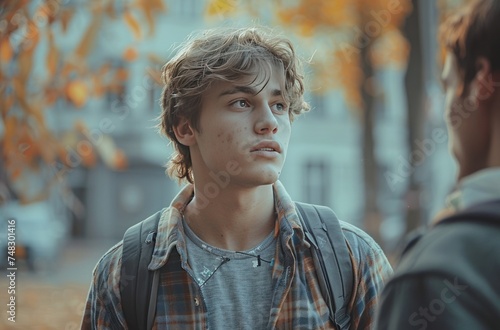 a man wearing a shirt standing with someone outdoors