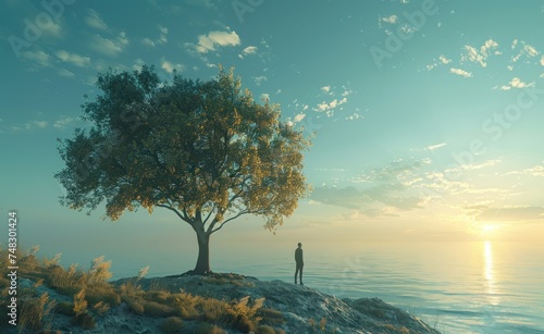 a man standing alone in front of a tree