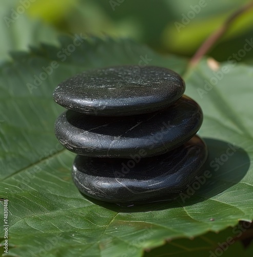 a shiatsuacupressure stone stack sitting on a green leaf
