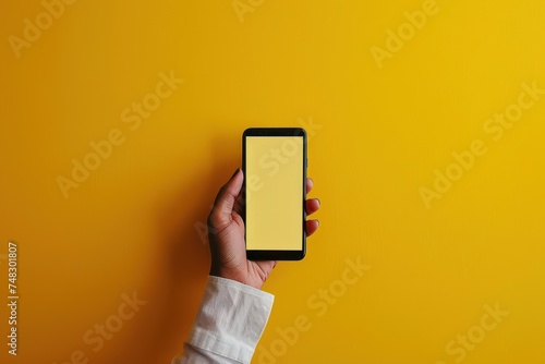 a hand holds the phone with a blank screen in front of a yellow background