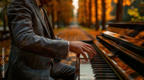 a man in a suit plays an upright piano