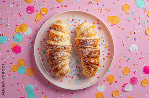 a plate with pastries on a pink background